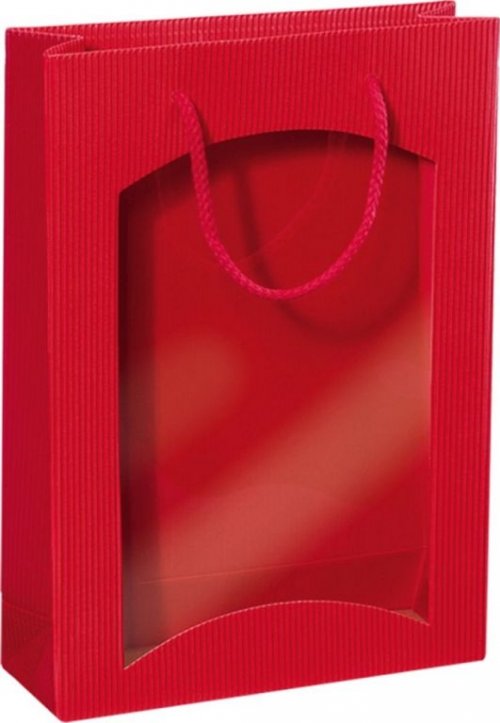 Dárková taška červená s okénkem na 3 láhve 270x85x360mm