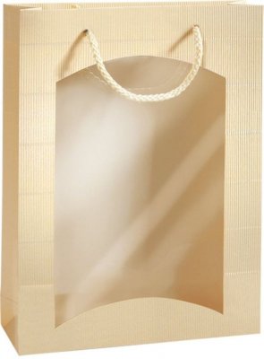 Dárková taška krémová-zlatá s okénkem na 3 láhve 270x85x360mm