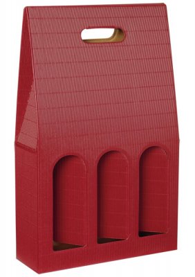 Dárková krabice, nosič bordový s okénkem na 3 láhve, 276x90x445mm
