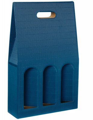 Dárková krabice, nosič modrý s okénkem na 3 láhve, 276x90x445mm